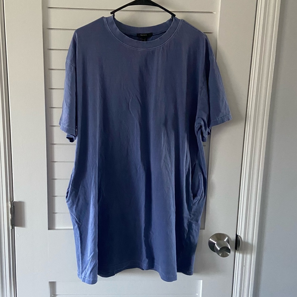 Forever 21 Distressed Blue Short Sleeve Tshirt Dress with Pockets Size XL